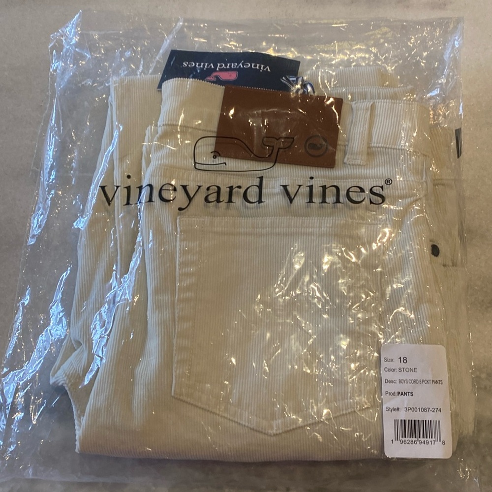 vineyard vines Boys' Stretch Terry Cord 5-Pocket Pants size 18 cordoroy stone